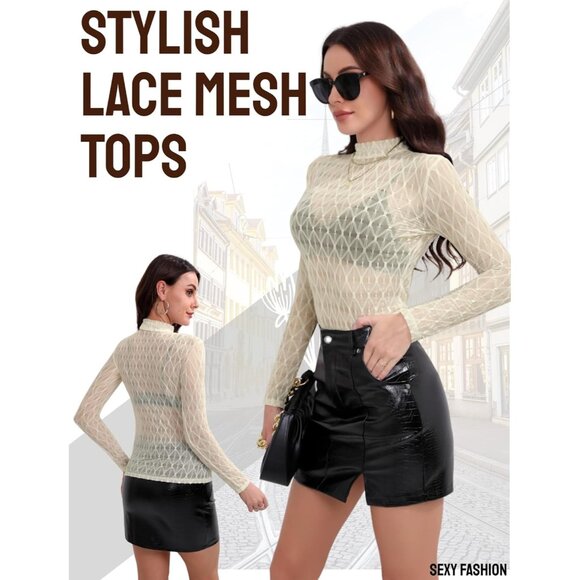 🆕 Women Cream Long Sleeve Mesh Top Lace Mock Neck See Through Fitted Sexy Out - Picture 4 of 7